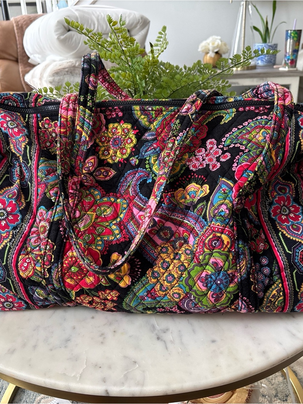 Vera Bradley Black Multi Floral Paisley Quilted Duffel Tote
